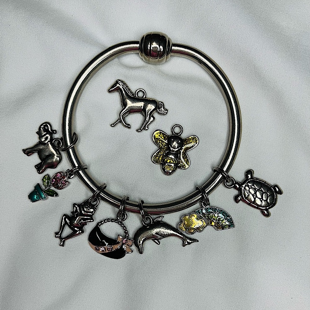 Pandora Style Silver Tone Charm Bracelet With 9 Unique Charms